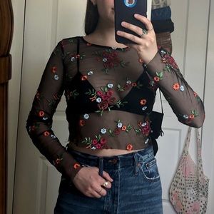 Embroidered Mesh Flower Crop Top